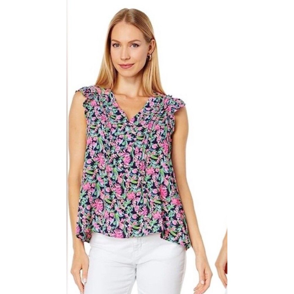 Lilly Pulitzer Joan Top Blouse Shirt XS Low Tide Navy Garden Variety Peplum